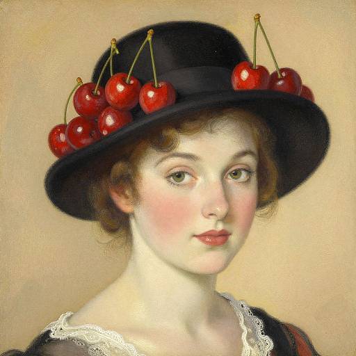 Photograph-style digital painting of a fair-skinned woman with green eyes, wearing a black hat adorned with red cherries, lace-trimmed black