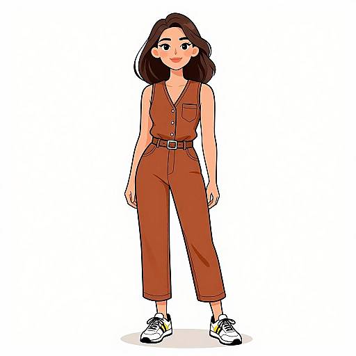 Digital illustration of a smiling woman with fair skin and dark brown hair, wearing a brown sleeveless jumpsuit, belt, and white sneakers, standing against