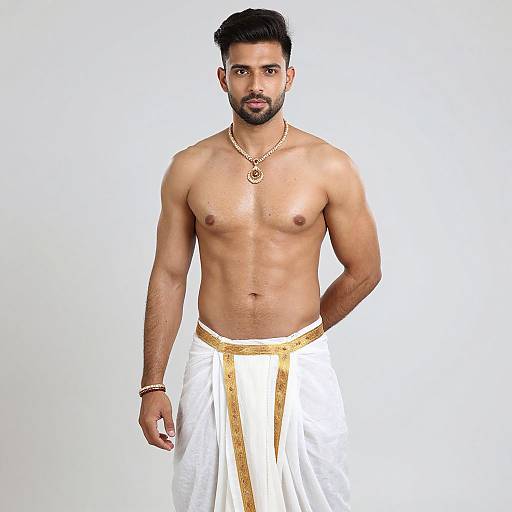 Photograph of a muscular, bearded South Asian man with short black hair, wearing a white dhoti with gold trim, necklace, and bracelet