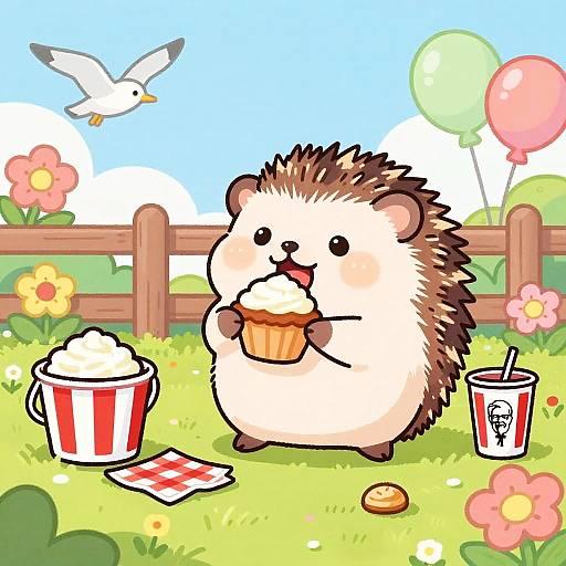 Cute, cartoon hedgehog eats cupcake in sunny park, with bird, balloons, popcorn, drink, blanket, and flowers in background. Digital