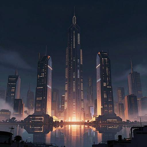 Digital artwork of a futuristic cityscape at night, featuring tall, illuminated skyscrapers reflecting in a calm water body, with a glowing city center in