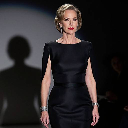 Photograph of an elegant woman with short blonde hair, red lipstick, wearing a black sleeveless dress and silver bracelet, walking on a dark runway.