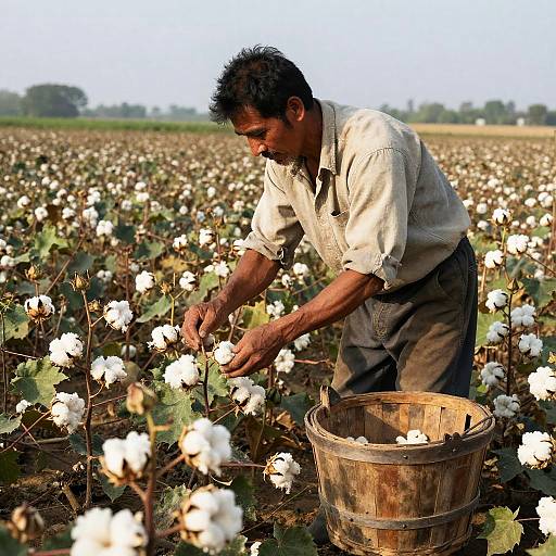 Man Harvesting Cotton in Rustic Field