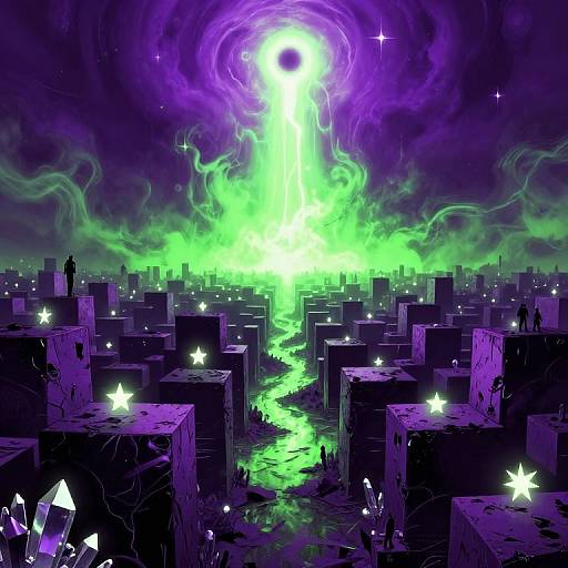 Digital artwork of a cityscape engulfed in a vibrant, glowing green and purple cosmic event, with silhouetted figures and glowing stars amidst the