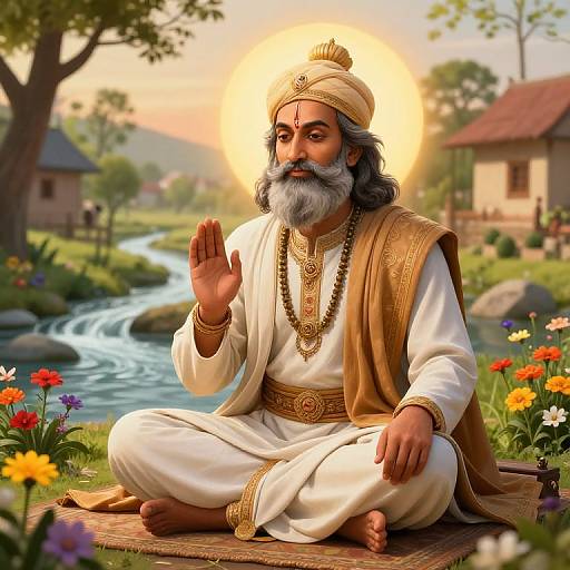 Digital artwork of an elderly Sikh guru with a gray beard, white turban, and ornate robe, seated cross-legged by a river, blessing with