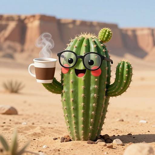 Cheerful Anthropomorphic Cactus with Coffee
