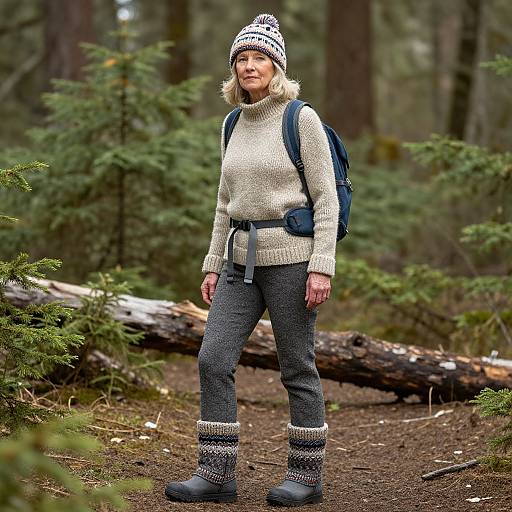 Elderly Woman Hiking in Knitted Fashion