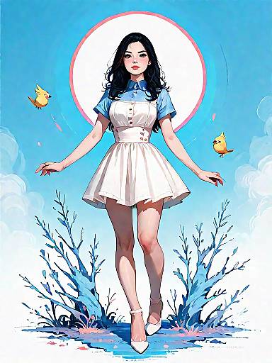 Woman in White Dress with Birds