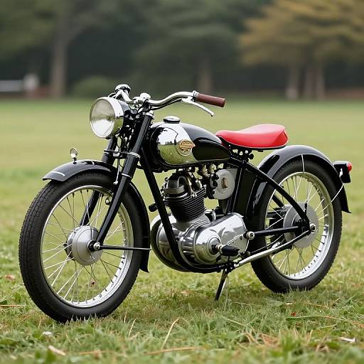 Photograph of a vintage black motorcycle with a red seat, white headlight, and chrome engine, parked on a grassy field.