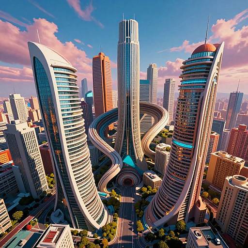 CGI cityscape of futuristic skyscrapers with curved, glass-wrapped buildings and intricate roadways, set against a vibrant blue sky with pink clouds