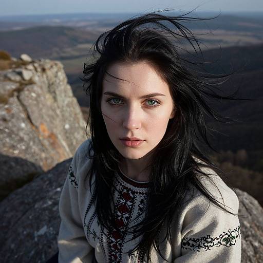 Photograph of a pale-skinned woman with black hair, green eyes, and white embroidered sweater, standing on a rocky mountain ledge with a blurred,