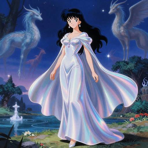 Anime-style digital artwork of a black-haired woman in a flowing white dress, surrounded by two ethereal dragons, under a starry night sky by a