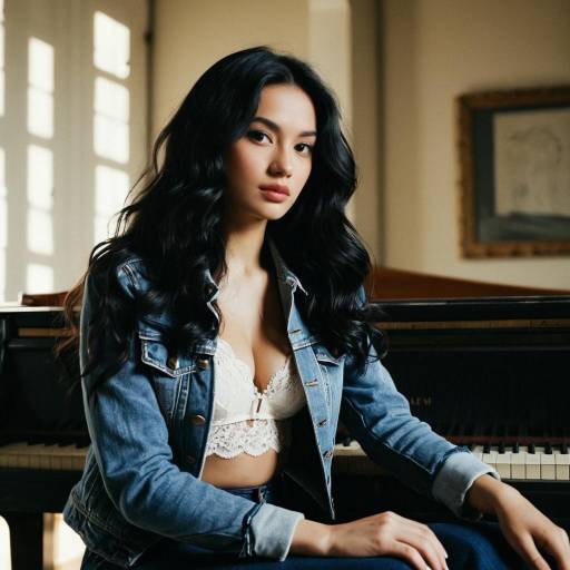 Woman in Denim Jacket Sitting by Piano