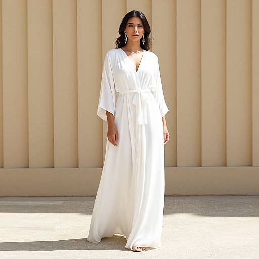 Photograph of a woman with dark hair in a white, V-neck, long-sleeve maxi dress standing against a beige, vertically-paneled wall