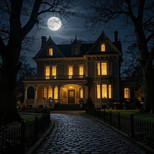 Photograph of a Gothic-style Victorian house at night with glowing yellow windows, illuminated by a full moon in a dark blue sky, surrounded by bare trees