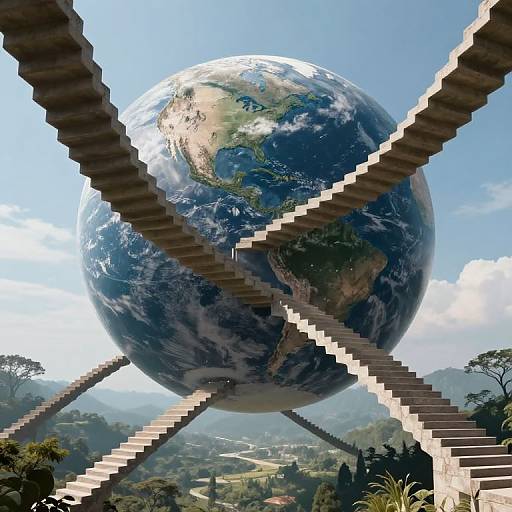 Photorealistic digital artwork of Earth floating in sky, crossed by two pixelated staircases, with lush landscape below and clear blue sky.