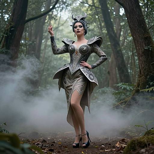 Photograph of a fair-skinned woman in elaborate, silver, armor-like forest dress with high heels, standing confidently in misty forest.