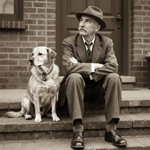 Sepia Portrait of Elderly Man with Dog on Brick Steps