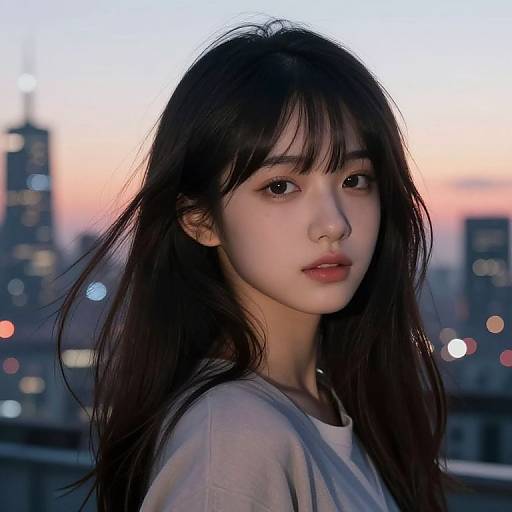 Photograph of an Asian woman with long, dark brown hair and bangs, wearing a white shirt, against a twilight cityscape background. Her expression