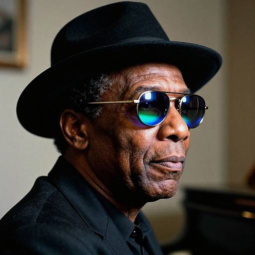 Photograph of an elderly African American man with deep wrinkles, wearing a black hat and reflective blue sunglasses, smiling subtly. Background is blurred, featuring a