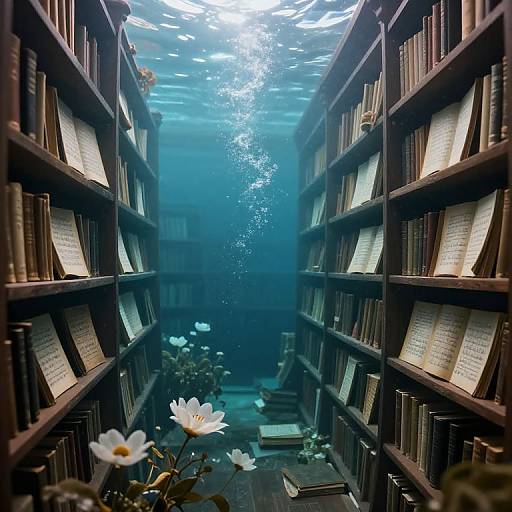 Photograph: Underwater view of a narrow library aisle with wooden bookshelves filled with books, sunlight filtering through, white water lilies floating,