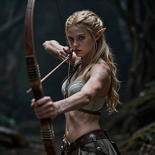 Digital fantasy artwork of a muscular, blonde elf woman with pointed ears, drawing a wooden bow in a dark forest. She wears a gray crop top and