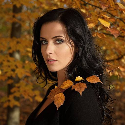 Photograph of a fair-skinned woman with long black hair, blue eyes, and a black top, surrounded by autumn leaves in a sunlit forest