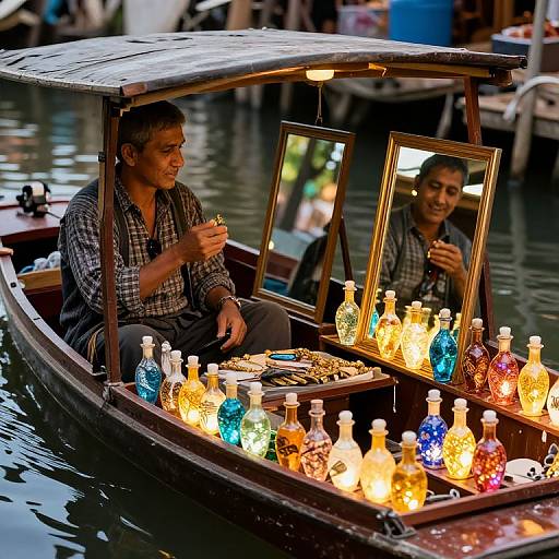 Photograph of a smiling man in a checkered shirt selling colorful glowing glass bottles from a wooden boat on a water market.