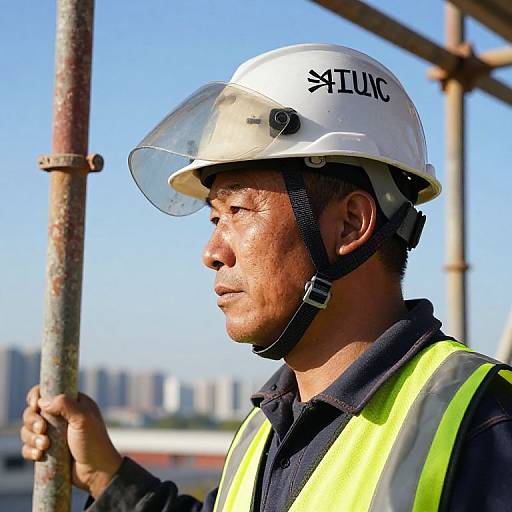 Photograph of an Asian male construction worker in a white hard hat with 