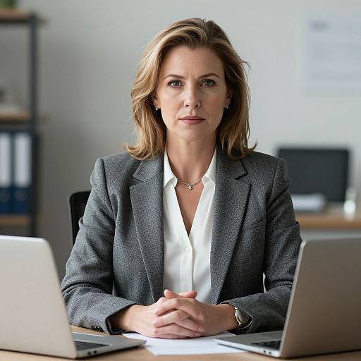 Photograph of a serious-looking, blonde-haired woman in a gray blazer and white shirt, sitting at a desk with laptops, hands clasped,