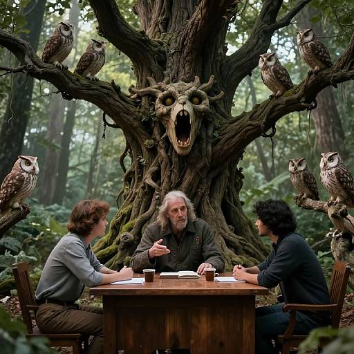 Photograph of three people seated at a wooden table in a forest, surrounded by a massive, gnarled tree with owl statues and a menacing,