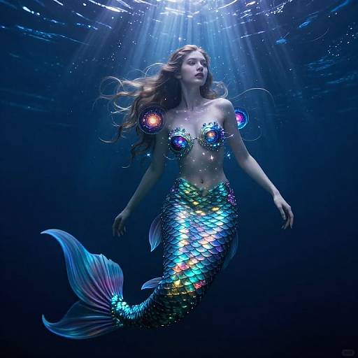 Photograph of a beautiful, glowing mermaid with long brown hair, iridescent scales, and colorful seashell bra, swimming underwater in dark