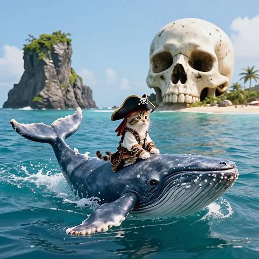 Digital artwork of a pirate cat on a whale, with a giant skull island and rocky cliff in the background.