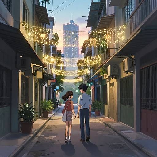 Anime-style drawing of a couple walking down a narrow, illuminated alley at dusk, surrounded by string lights and city buildings.