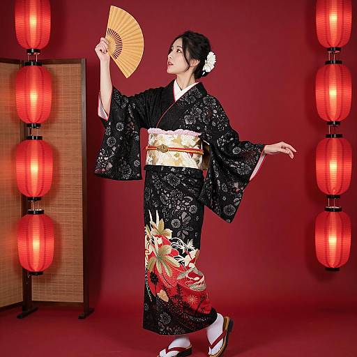 Asian Woman in Traditional Black Lace Kimono Holding Fan