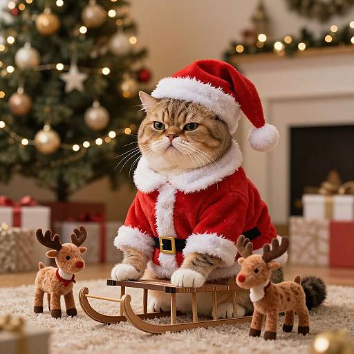 Photograph of a cute tabby cat in a red Santa outfit, sitting on a wooden sleigh, surrounded by tiny reindeer figurines, in