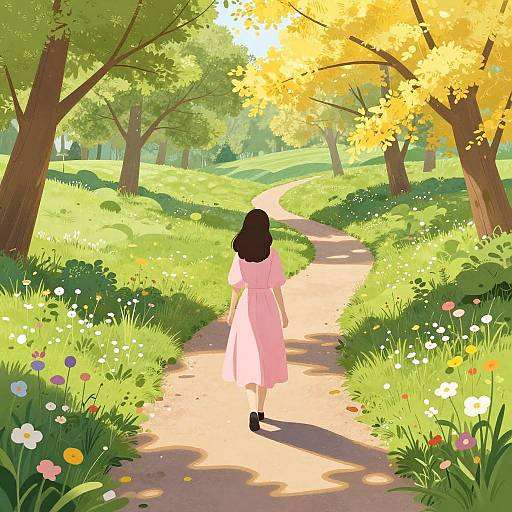 Digital illustration of a girl in a pink dress walking on a sunlit, flower-lined path through a vibrant, green forest.