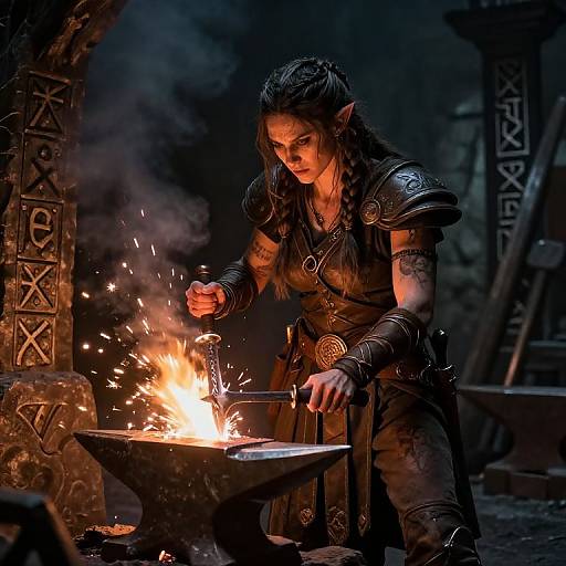 Epic photograph: Dark-haired elven blacksmith with pointed ears, wearing medieval armor, sparks fly as she forges metal at an anvil in