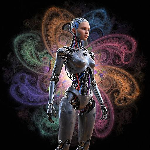 CGI image of a sleek, futuristic female android with metallic skin, colorful abstract swirls background, and a confident stance.