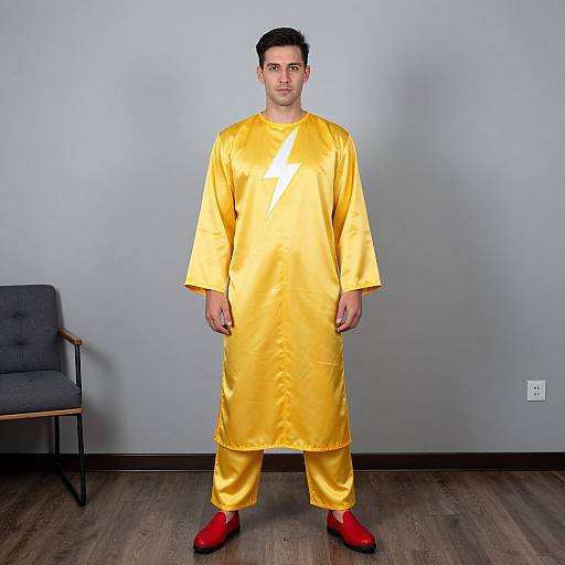 Photograph of a man in a shiny, bright yellow traditional outfit with red shoes, standing in a plain room with a gray chair on the left.
