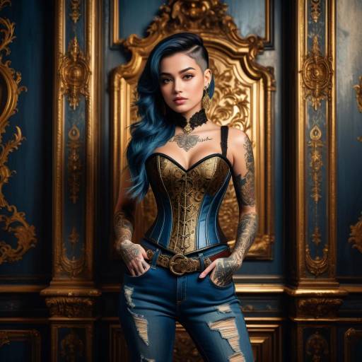 Tattooed Woman in Vintage Corset and Ripped Jeans