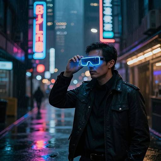 Neon-lit, rainy urban street photograph of an Asian man in a dark jacket and blue LED goggles, adjusting them, with colorful neon signs and