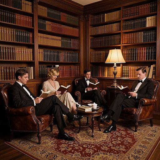 Photograph of three well-dressed men and a woman in elegant attire, reading books in a luxurious, wooden-paneled library with bookshelves,