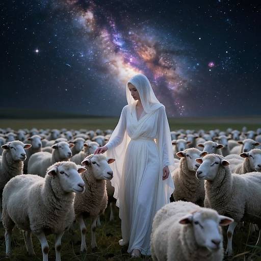 Ethereal Guide Amid Cosmic Sheep Flock