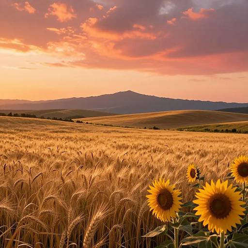 Sunlit sunflower field with golden wheat, vibrant sunset sky, and distant mountain range under pink and orange clouds. Photographic landscape.
