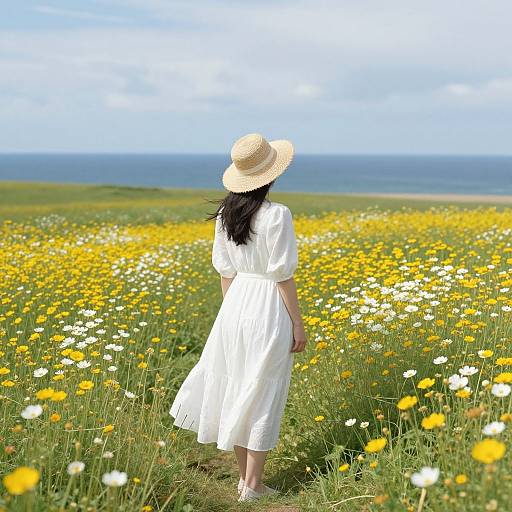 Photograph of a woman in a white dress and straw hat, standing in a vibrant field of yellow and white wildflowers, facing the blue ocean under
