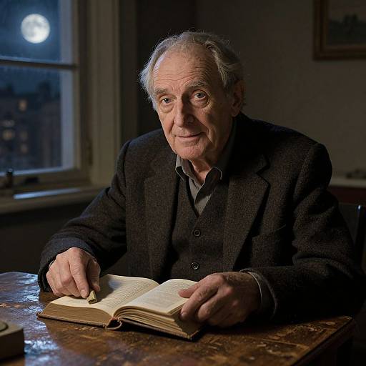 Photograph of an elderly man with white hair, wearing a dark patterned blazer, reading an open book at a wooden table, illuminated by a
