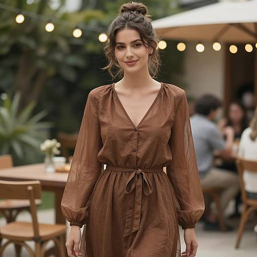 Woman in Sheer Brown Casual Party Dress Outdoors