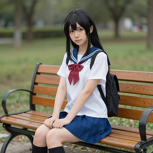 Digital anime-style image of a young girl with black hair, wearing a white sailor uniform with blue pleated skirt, sitting on a wooden bench in a