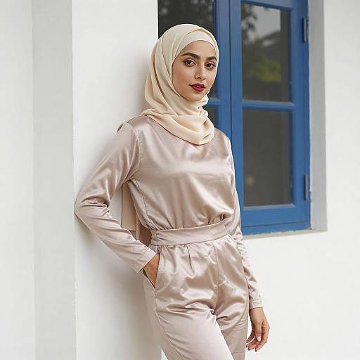Elegant Woman in Beige Satin Hijab